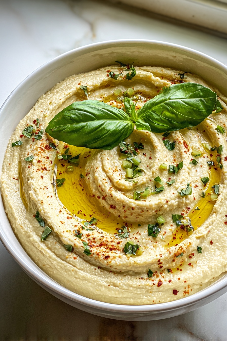 A bowl of hummus with a sprig of basil on top.