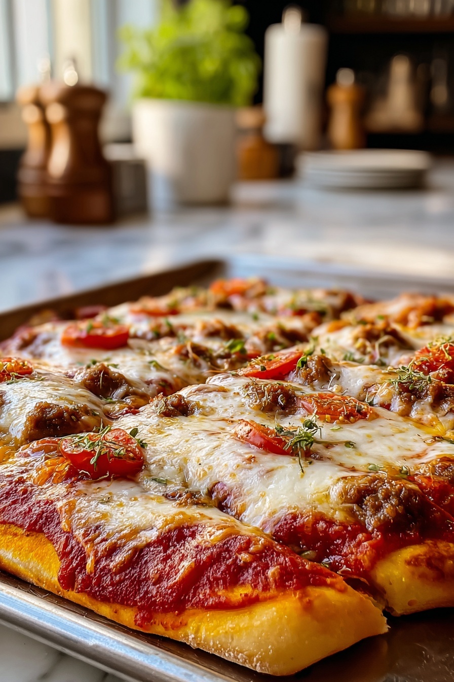 A homemade school cafeteria pizza with tomatoes and cheese.