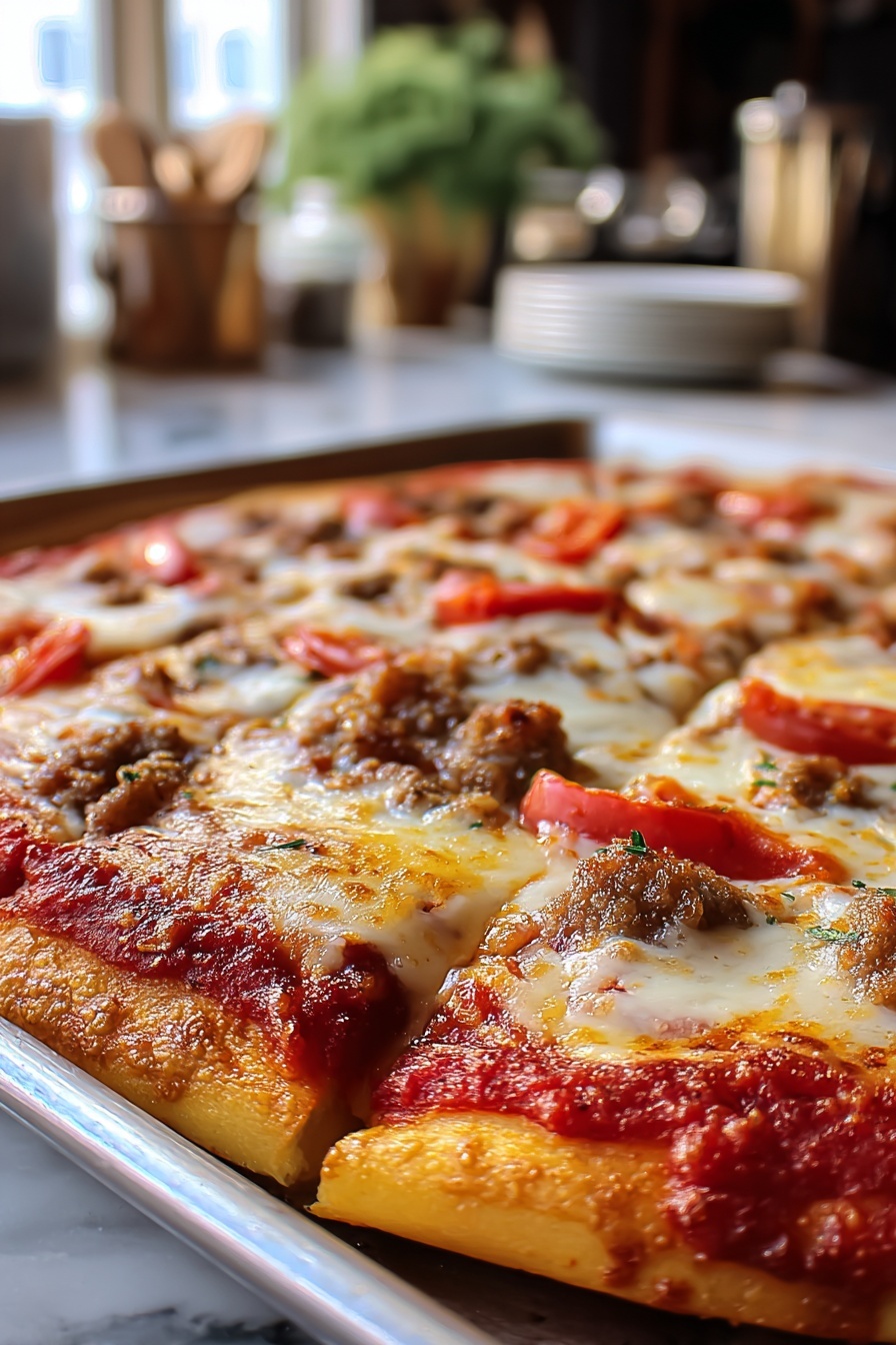 A pizza with tomatoes and sausage on top.