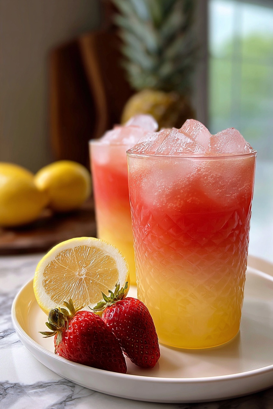 Two glasses of pink lemonade with a slice of lemon and a strawberry.