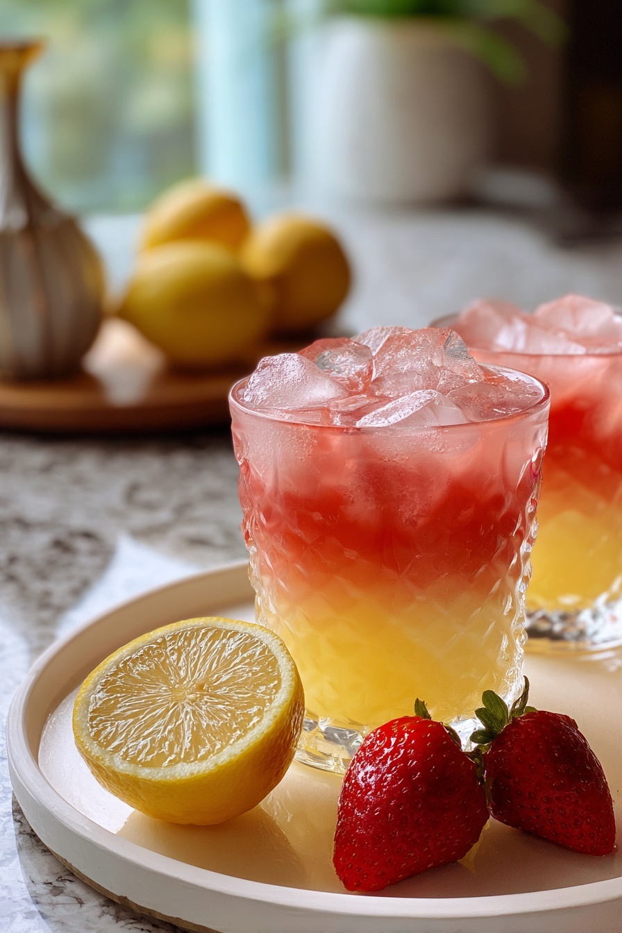 A glass of pink lemonade with a slice of lemon and strawberry.