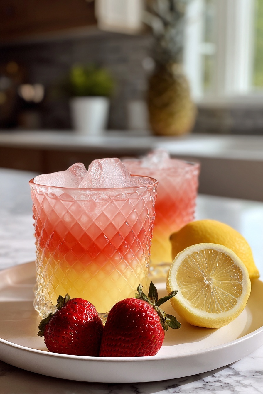 Two glasses of pink lemonade with strawberries in them.