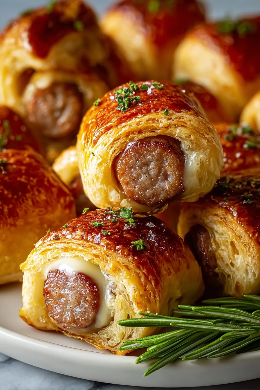 A plate of sausage bites with a green garnish.