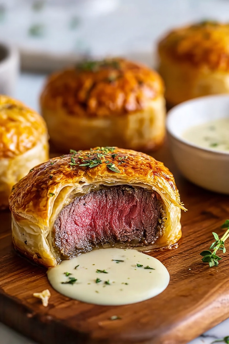 Mini beef wellington bites with sauce.