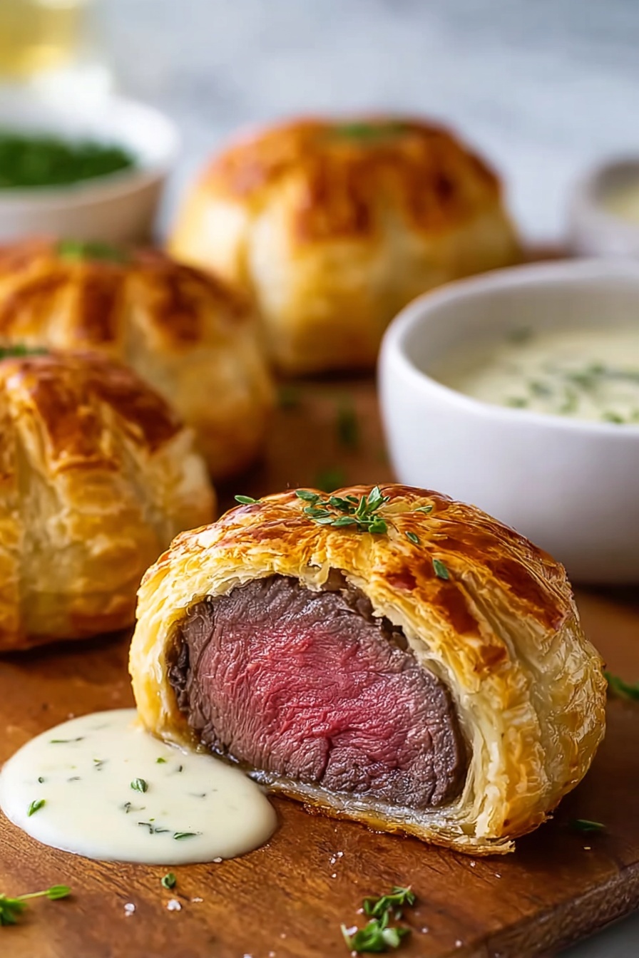 Mini beef wellington bites on a wooden table.