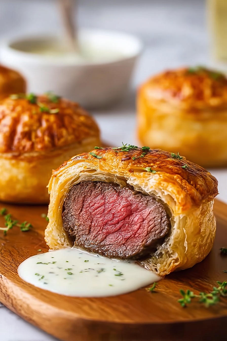Mini beef wellington bites with sauce.