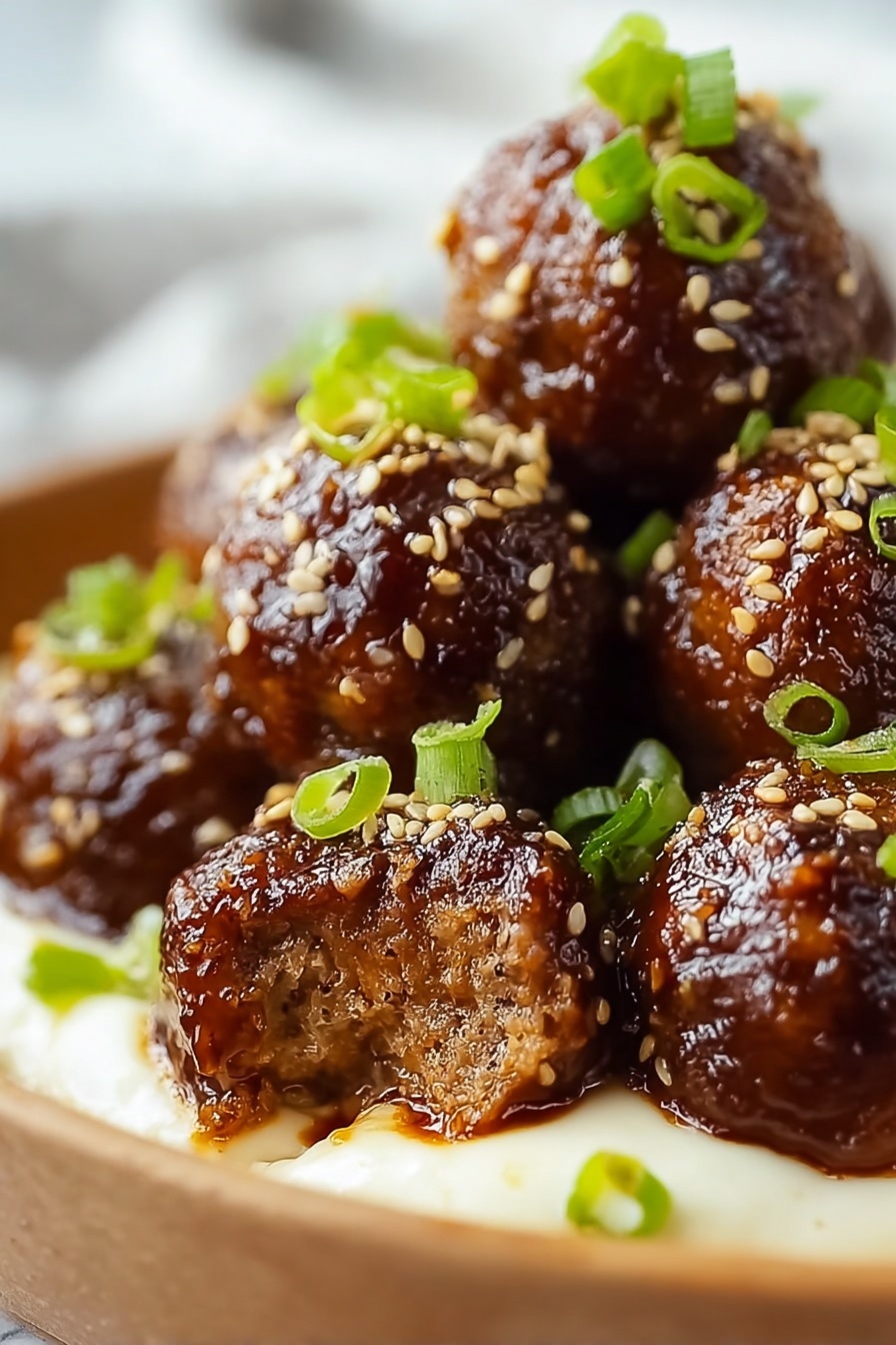 A plate of meatballs with a brown sauce.