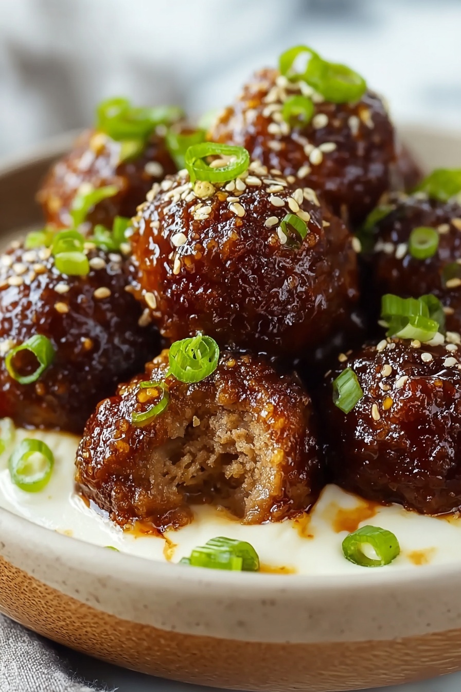 A bowl of meatballs with a white sauce.