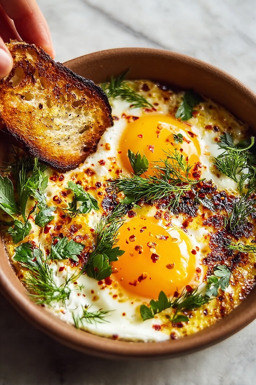 A bowl of eggs with spiced yogurt.