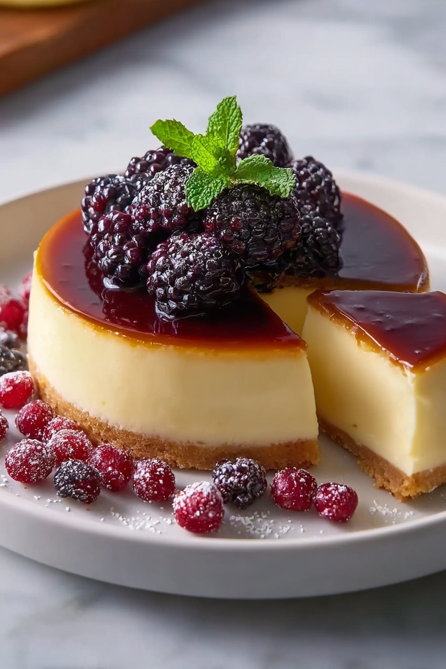 A slice of eggnog panna cotta with blackberries on top.