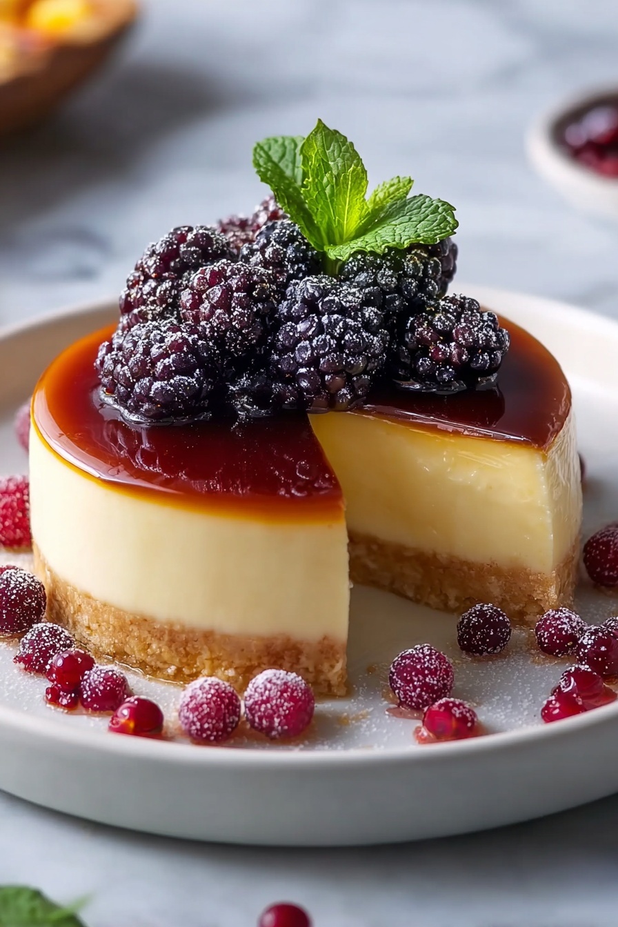 A slice of eggnog panna cotta with blackberries on top.