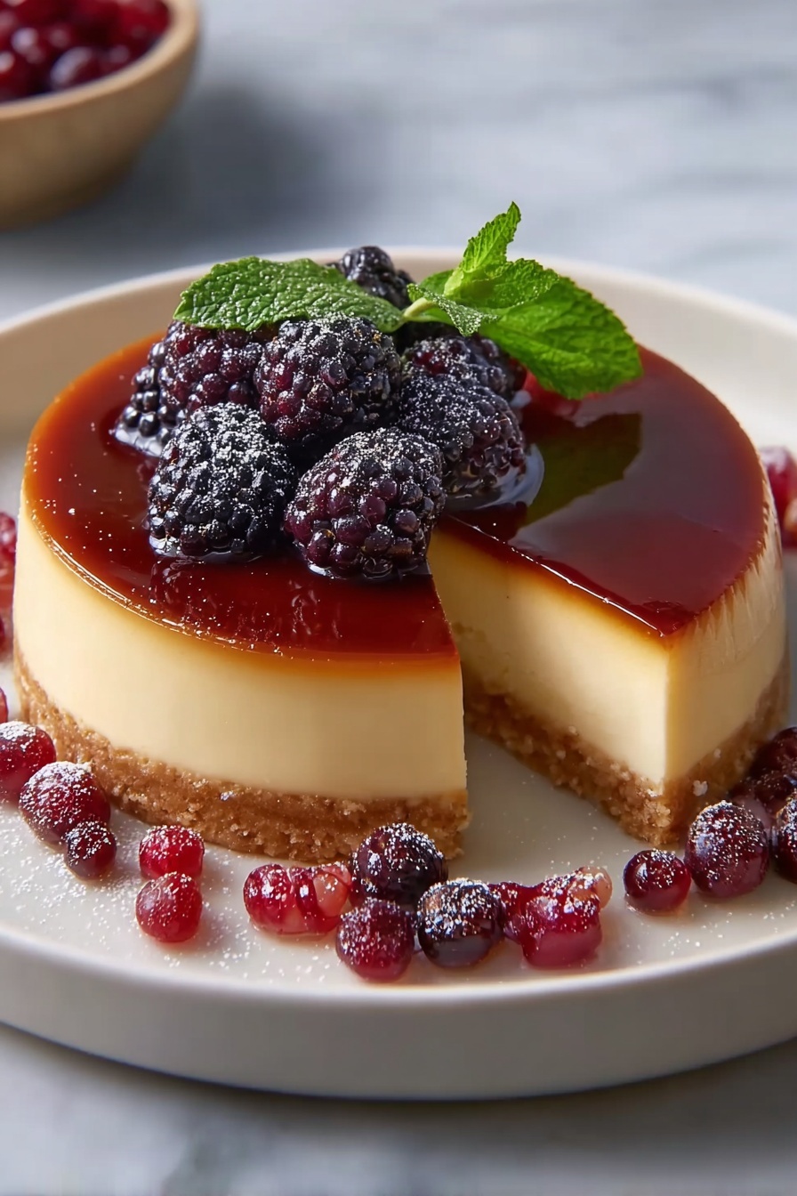 A slice of eggnog panna cotta with berries on top.