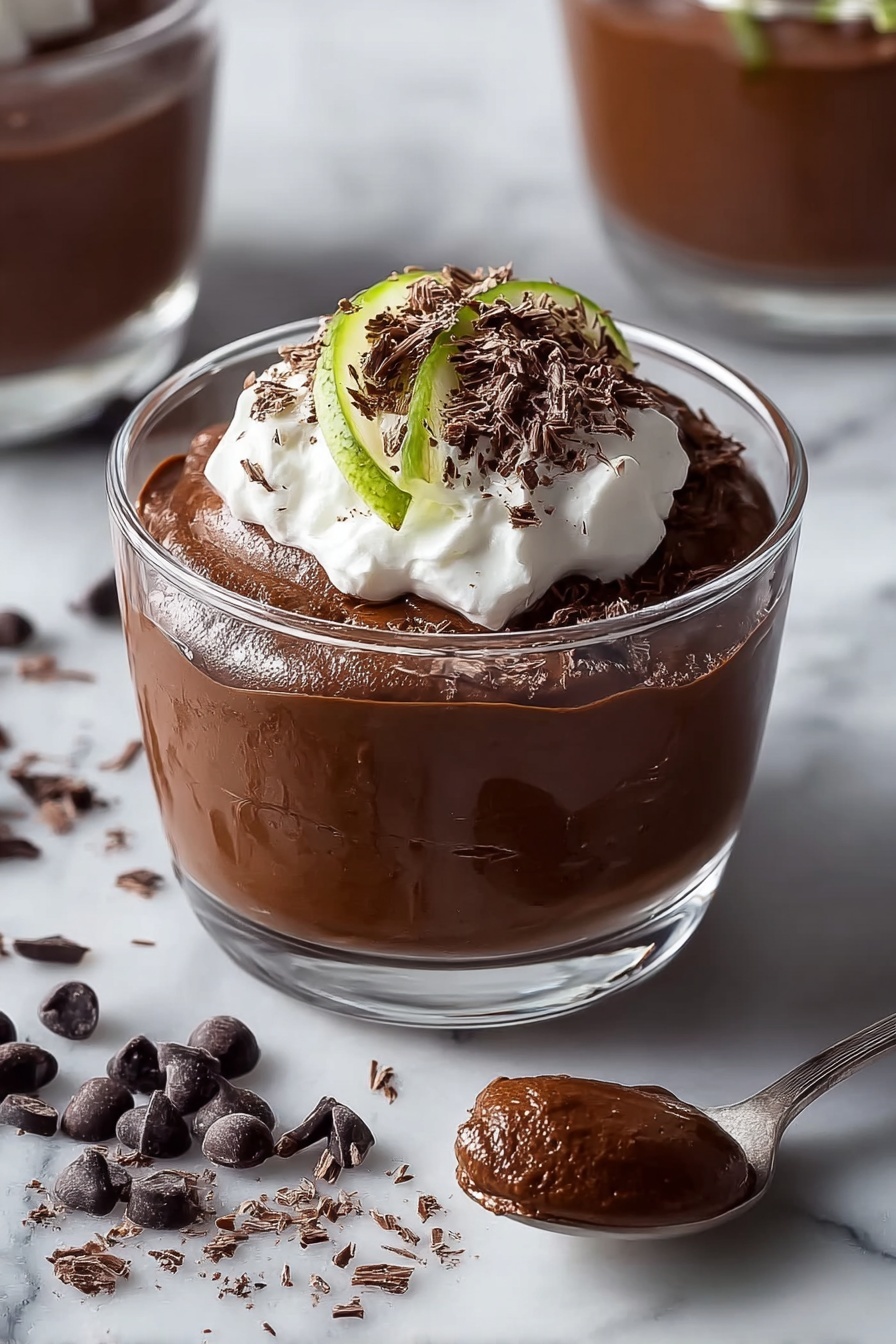 A glass of chocolate avocado pudding with whipped cream on top.