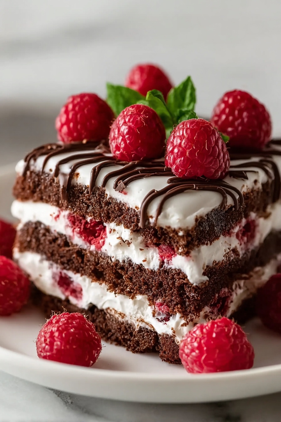 A slice of chocolate cake with white icing and raspberries on top.