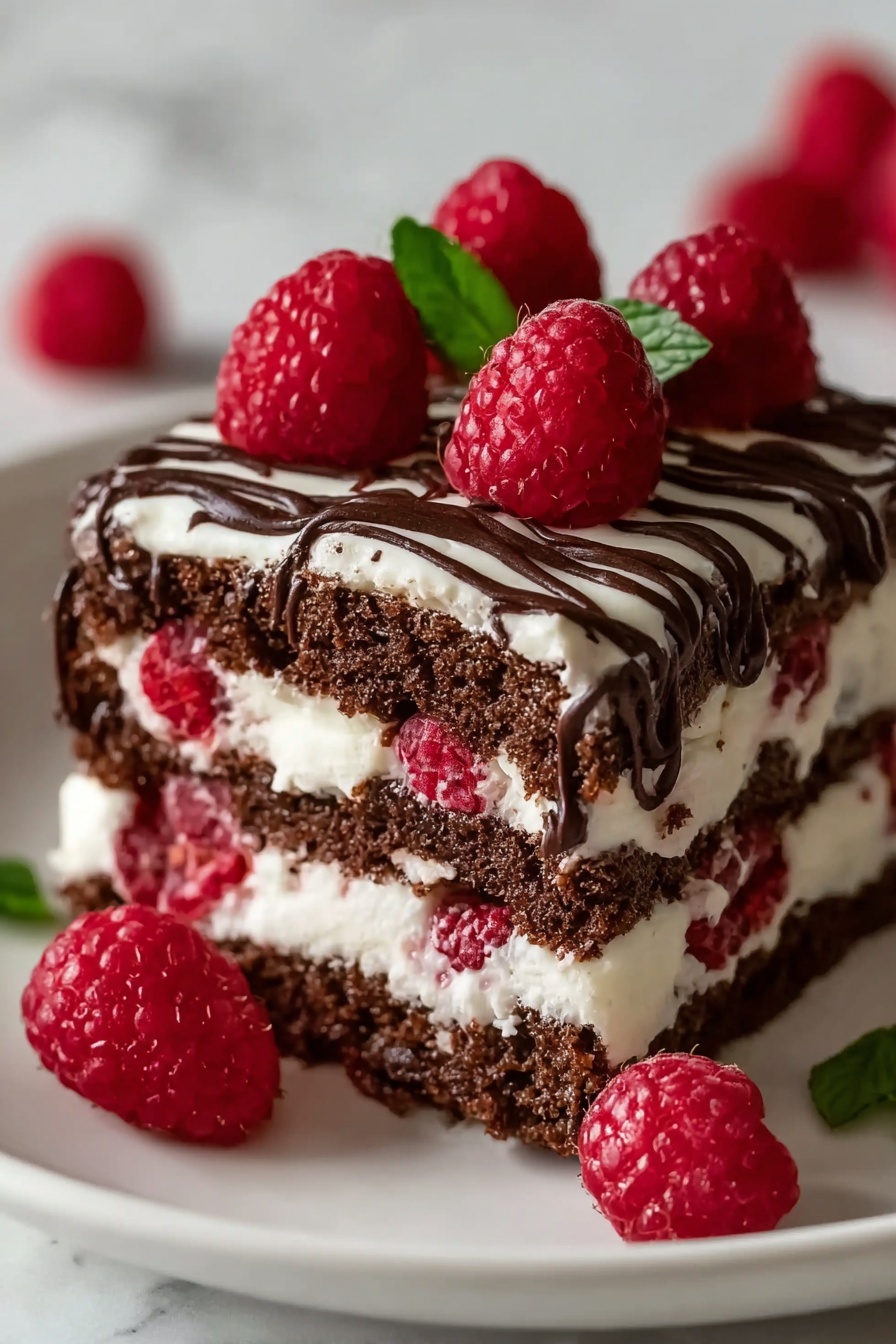 A slice of chocolate cake with raspberries on top.
