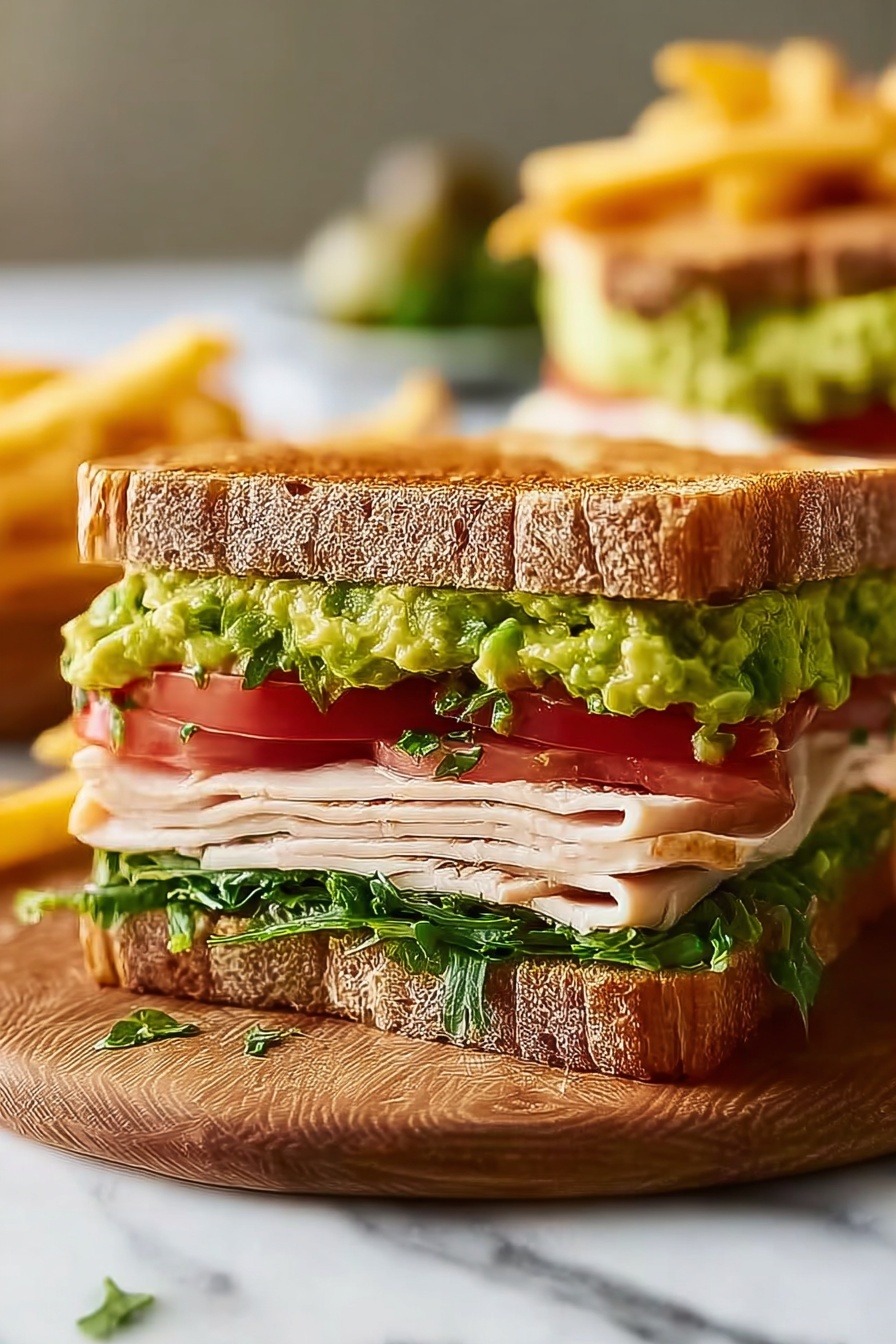 A sandwich with turkey, avocado, and lettuce.