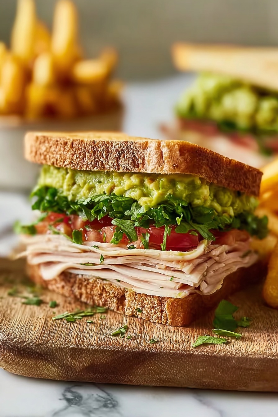 A sandwich with lettuce, tomato, and avocado.