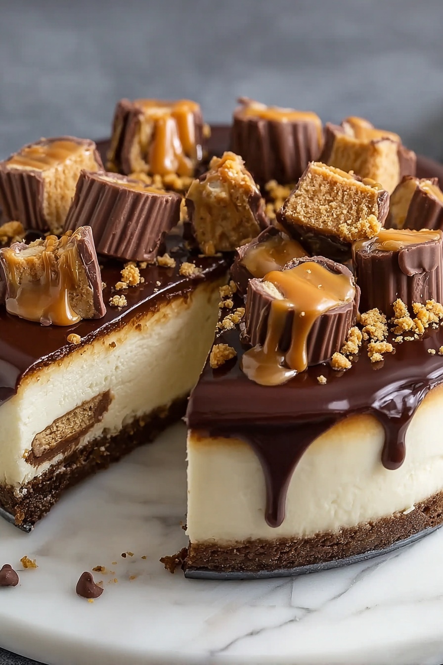 A slice of Reeses Peanut Butter Cup Cheesecake.