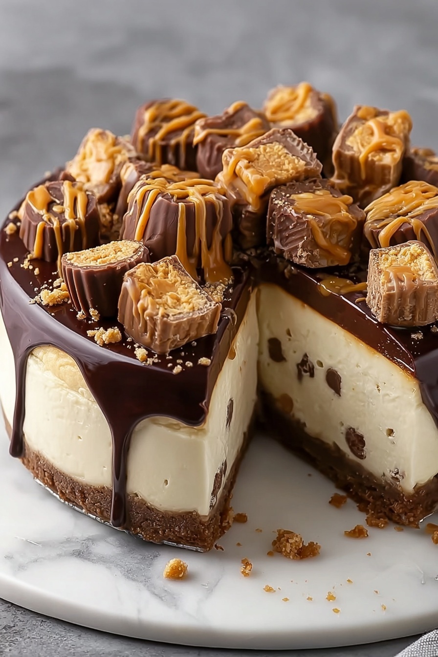A slice of Reeses Peanut Butter Cup Cheesecake.