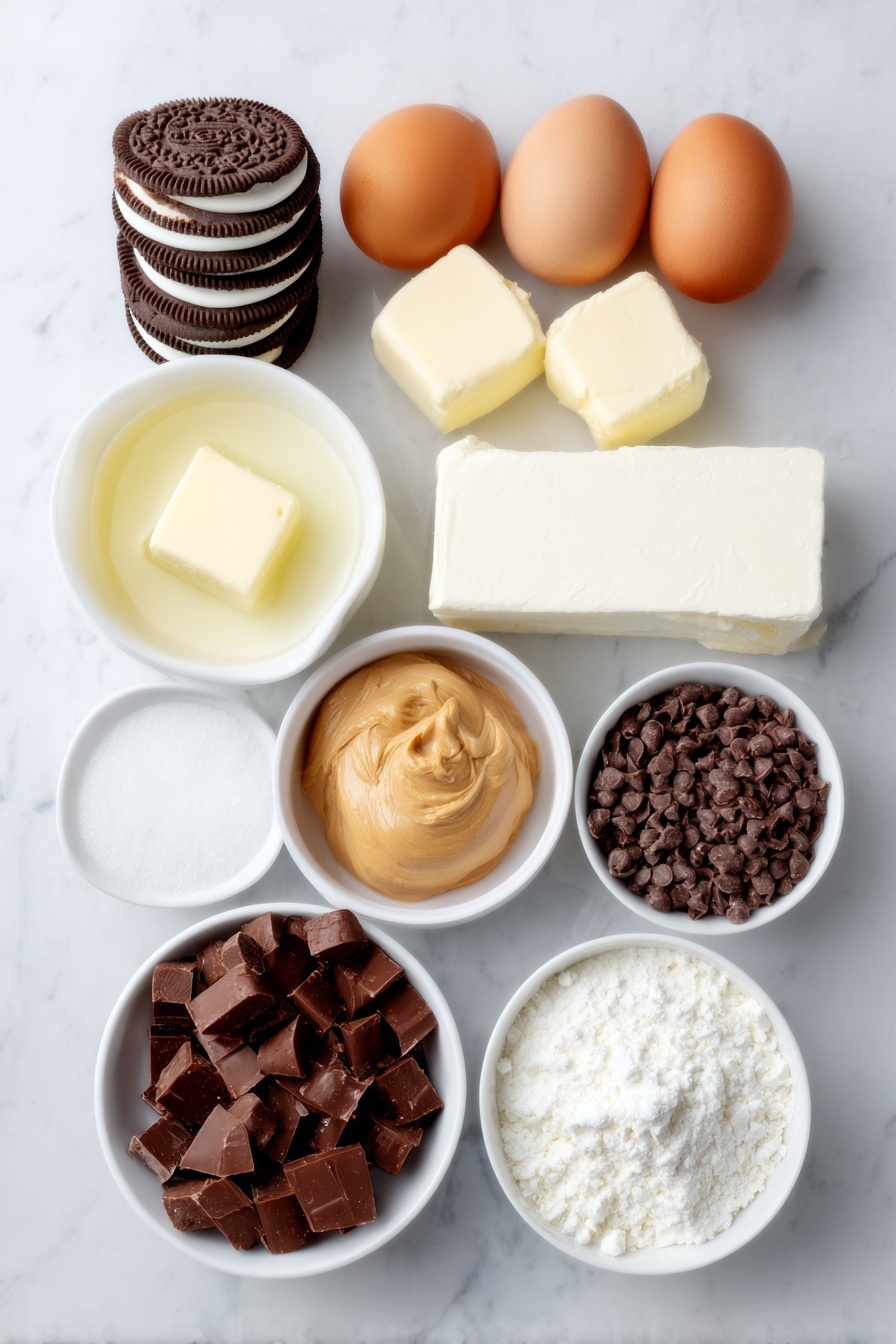 A table with various ingredients for a Reeses Peanut Butter Cup Cheesecake.