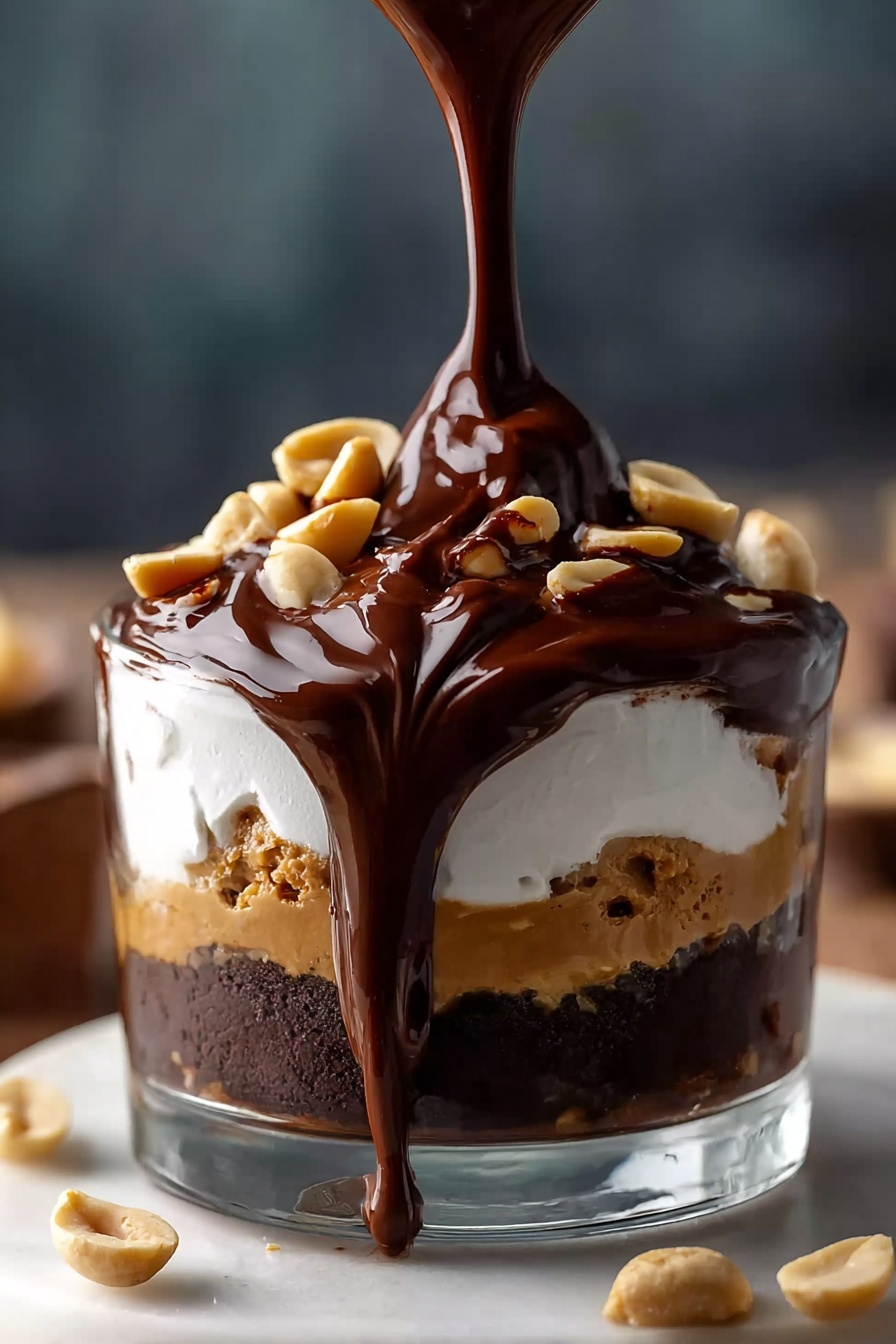 A glass of peanut butter and hot fudge.