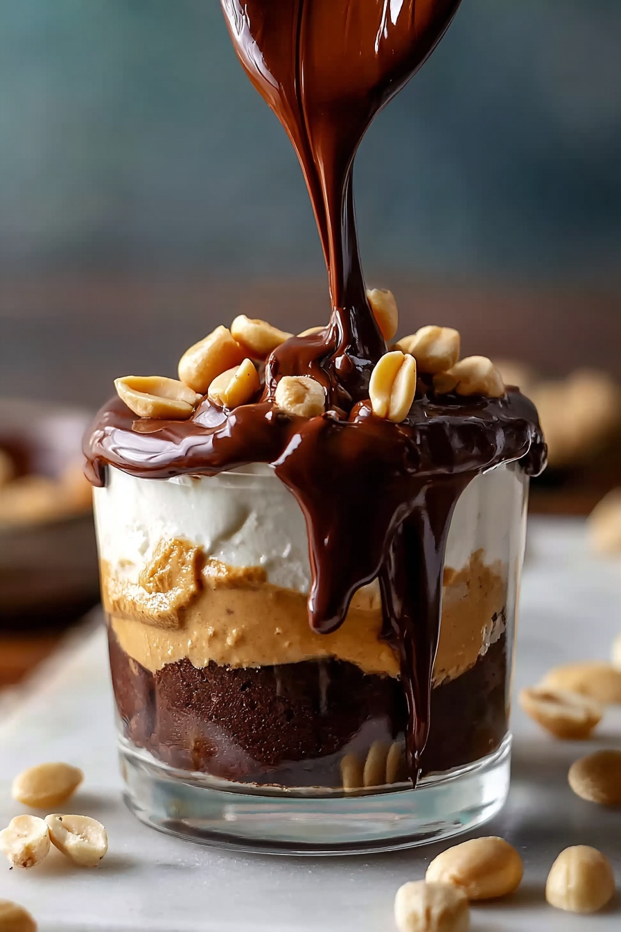 A glass of peanut butter and hot fudge.