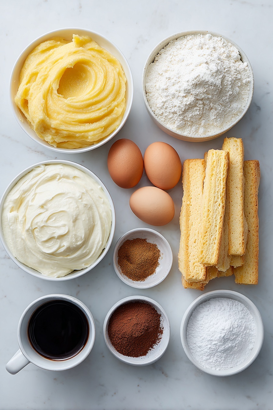 A variety of ingredients for a pumpkin spice tiramisu.