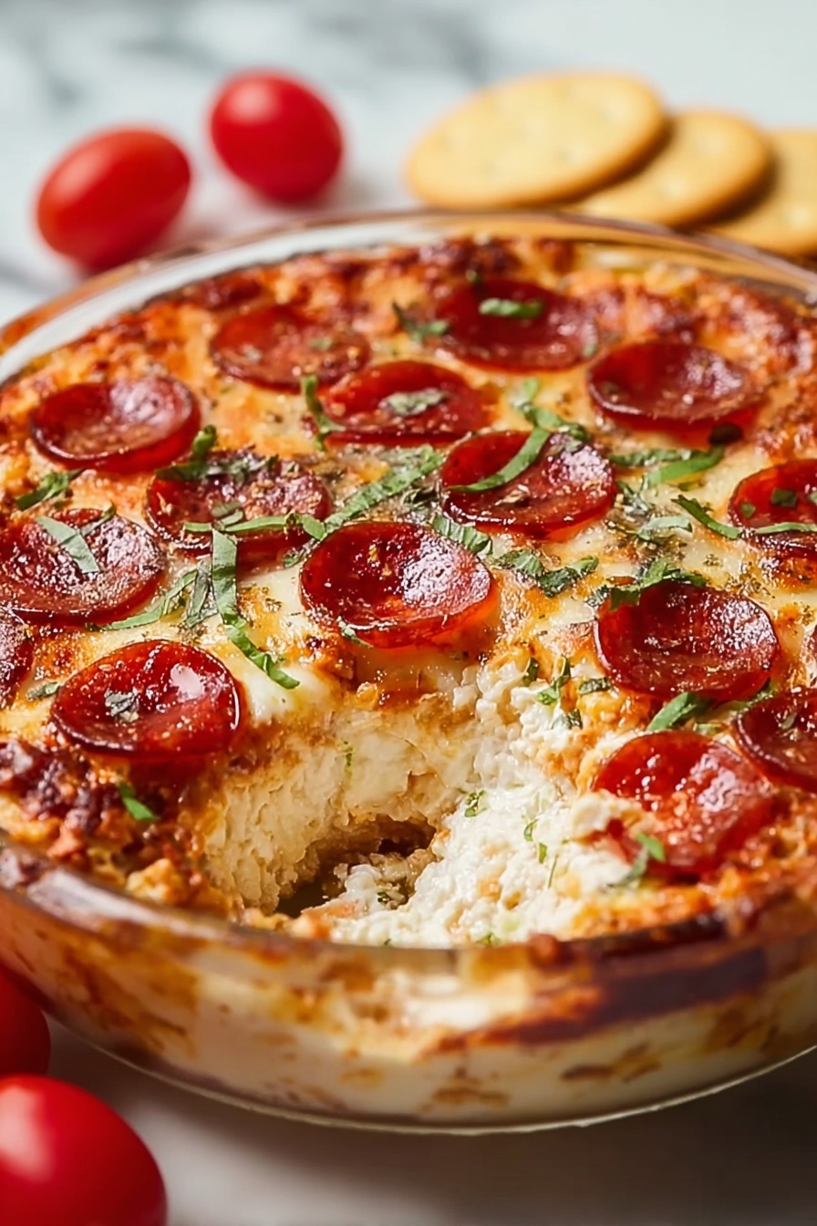 A delicious pizza dip in a glass bowl.