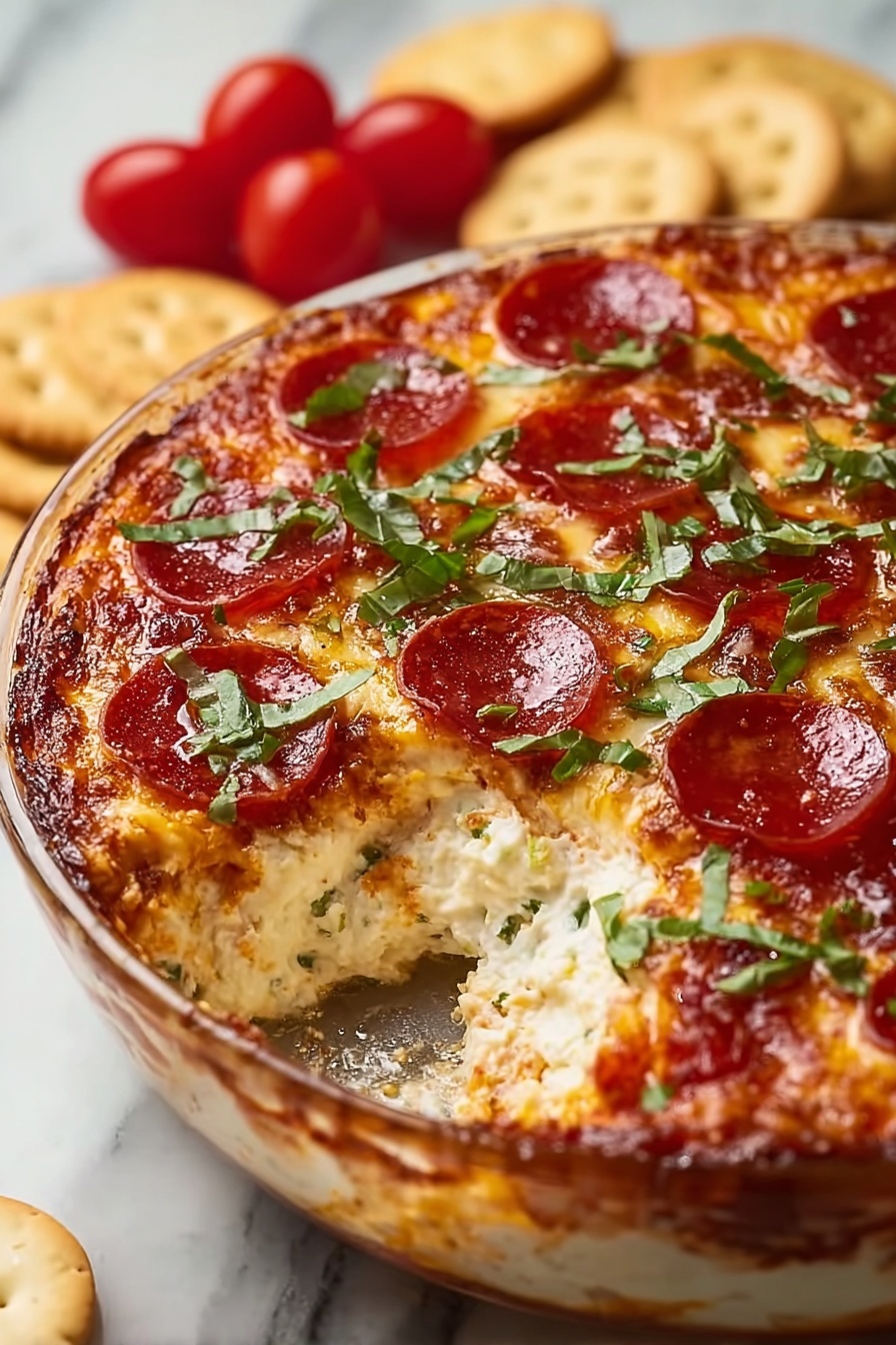 A delicious pizza dip in a glass dish.