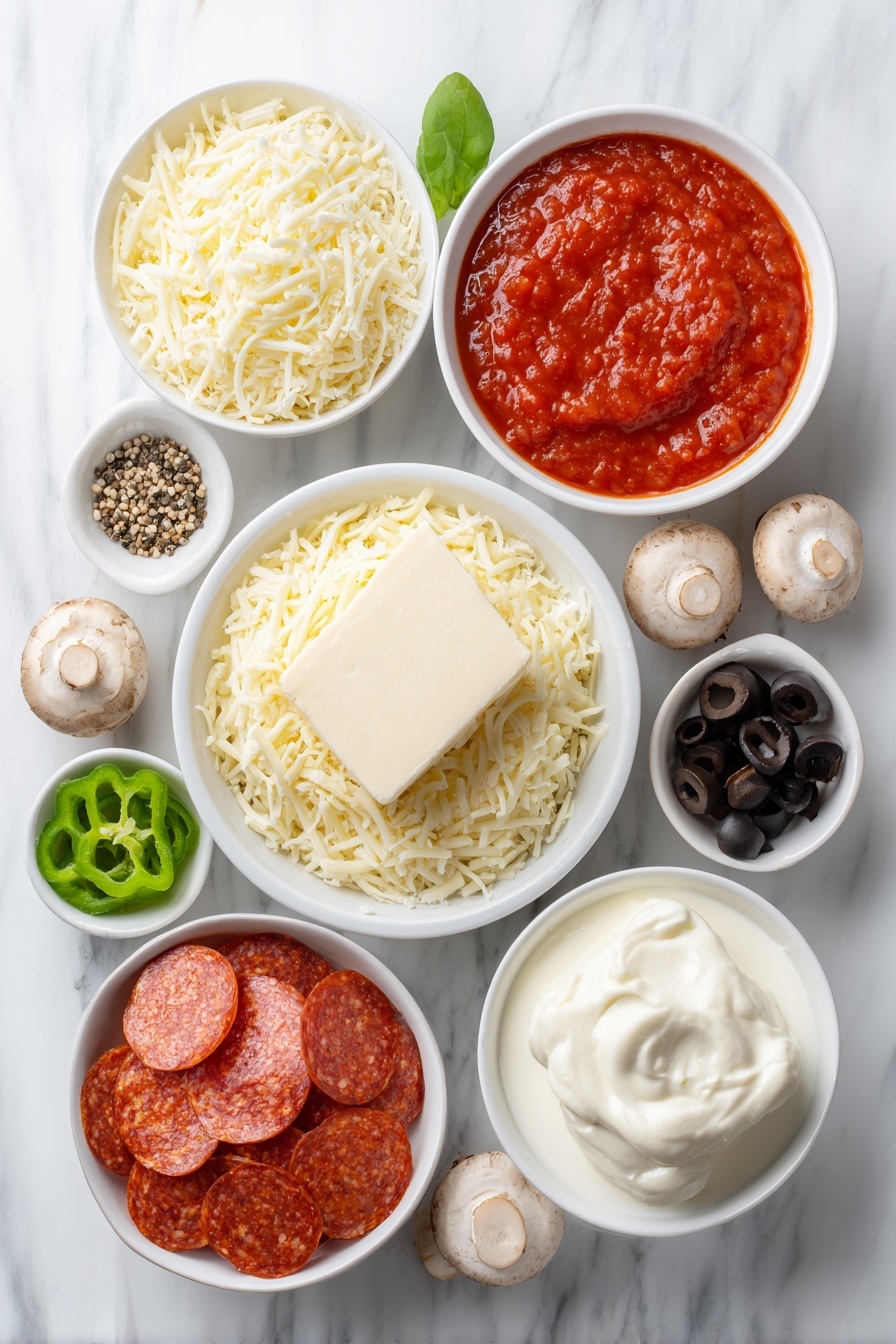 A variety of foods including cheese, mushrooms, and olives.