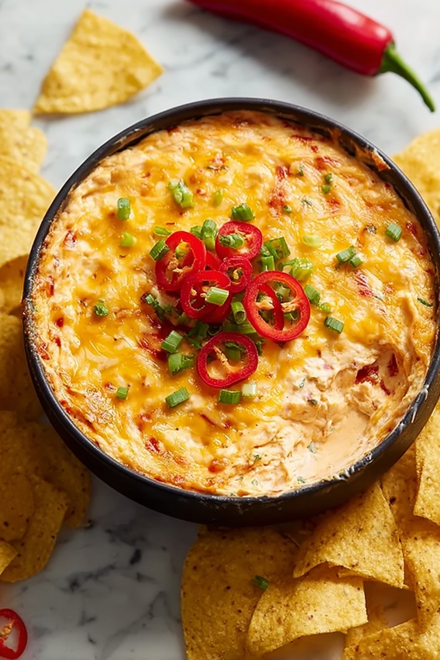 A bowl of chicken dip with red peppers on top.