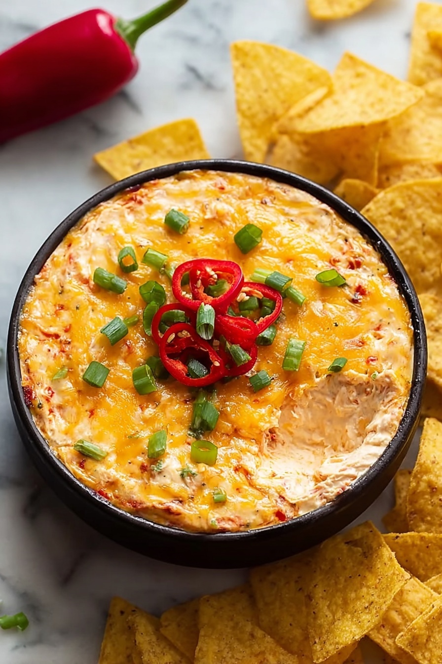 A bowl of queso chicken dip with chips.