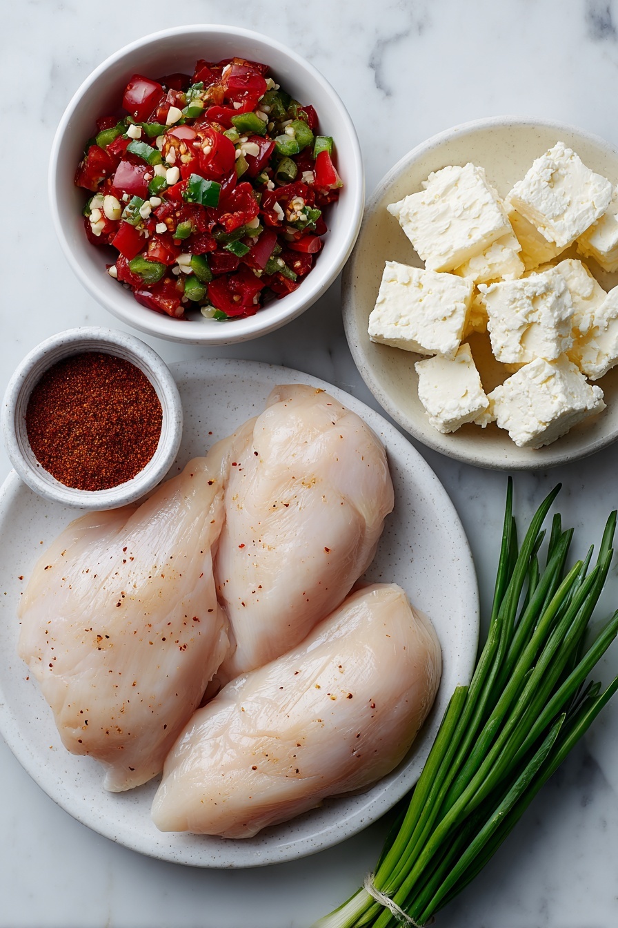 A plate of chicken with a bowl of sauce and a bowl of cheese.