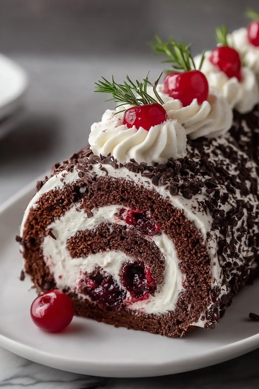 A chocolate cake with white frosting and red berries.