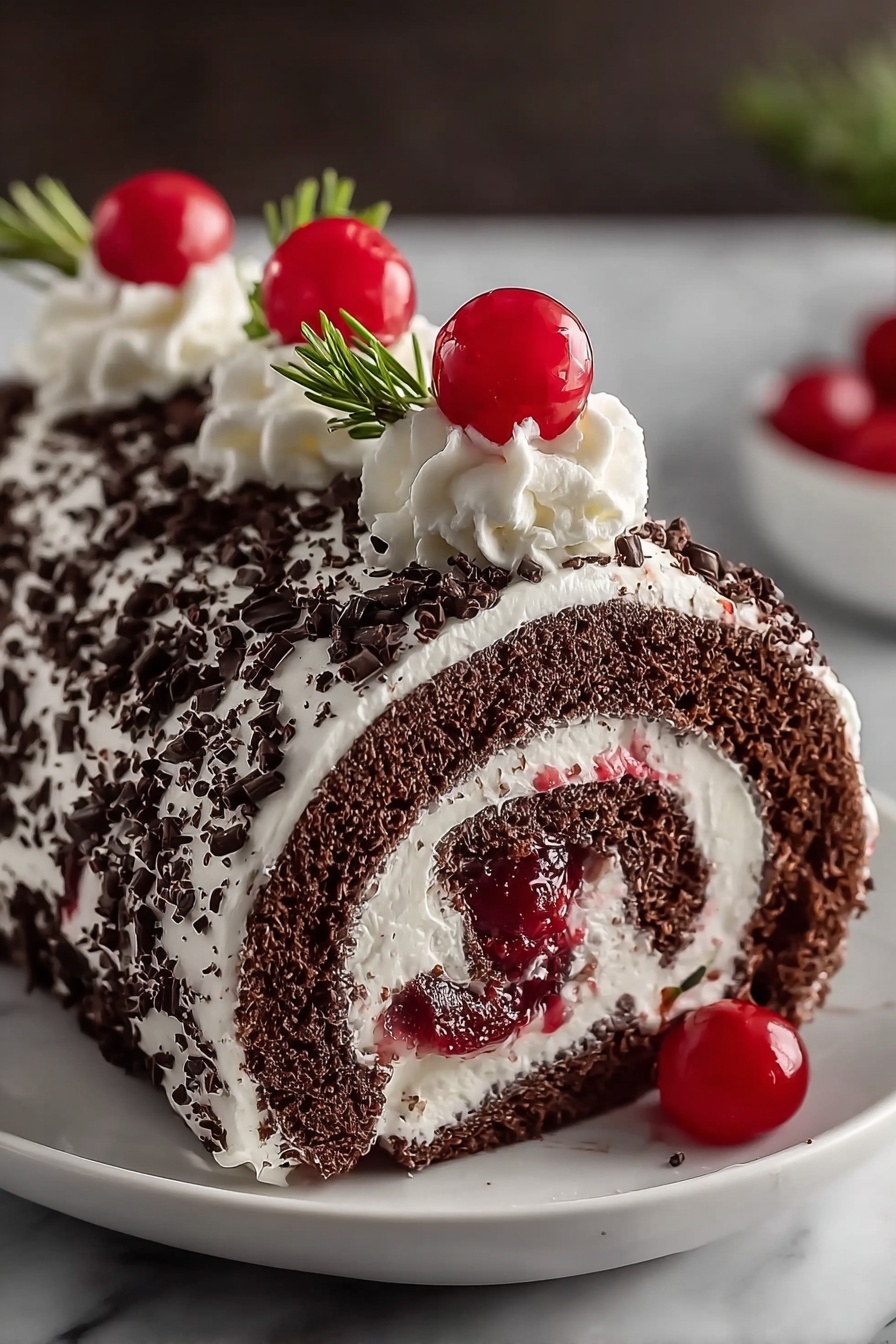 A delicious looking chocolate cake with white frosting and red cherries.