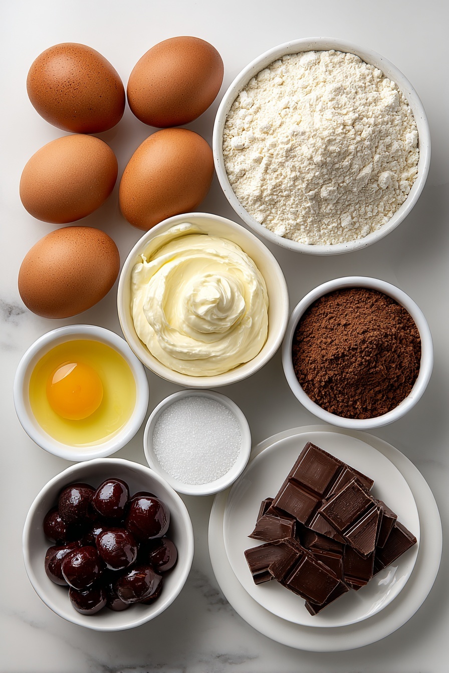 A variety of ingredients for a Black Forest Cake.