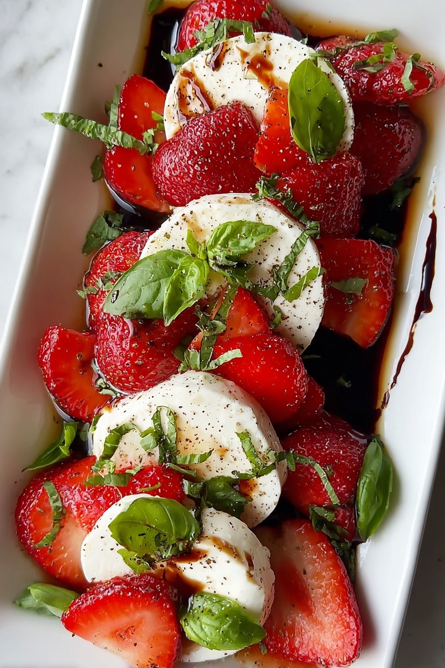 A bowl of Caprese salad with strawberries and cheese.