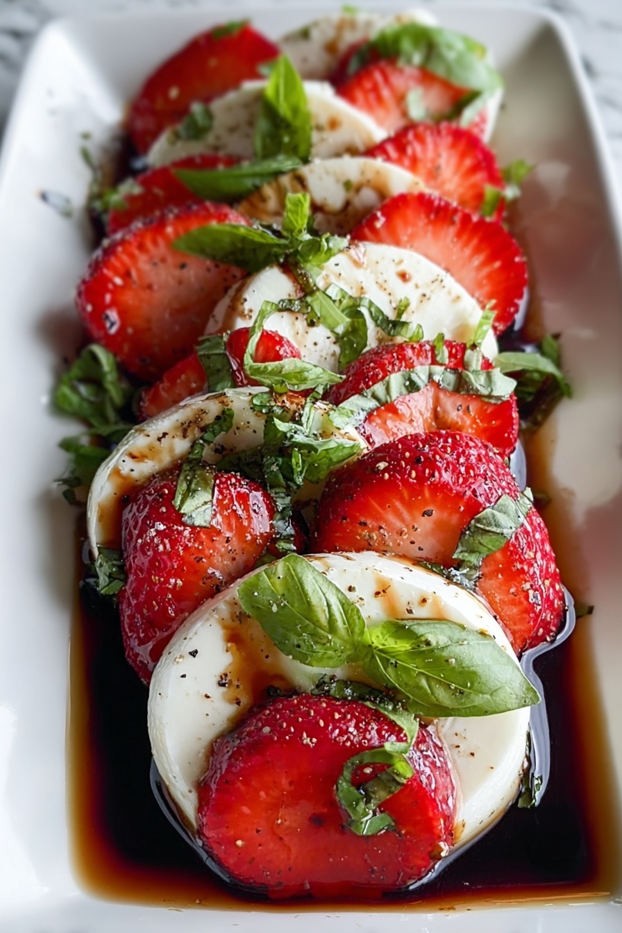 Caprese with strawberries and basil drizzled with balsamic glaze.