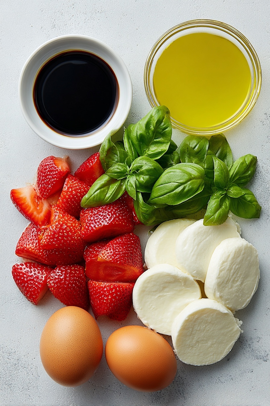A close up of a Caprese salad with strawberries and basil.