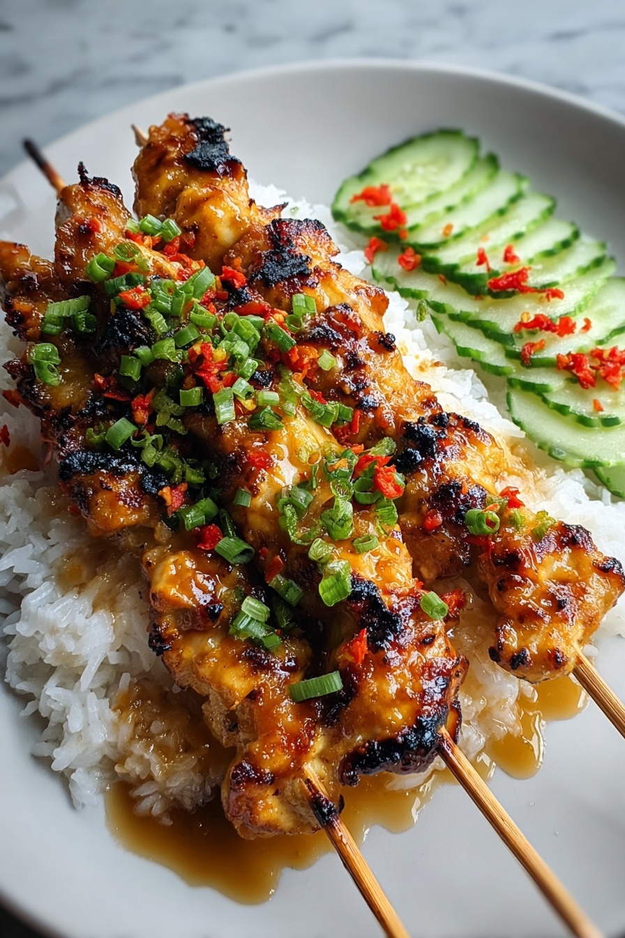 A plate of bang bang chicken skewers with rice and cucumbers.