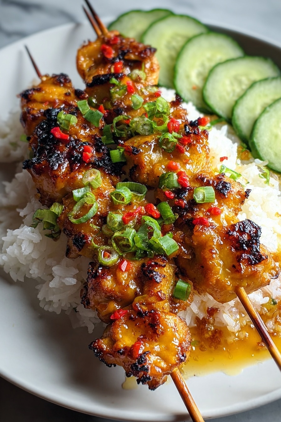A plate of bang bang chicken skewers with rice.