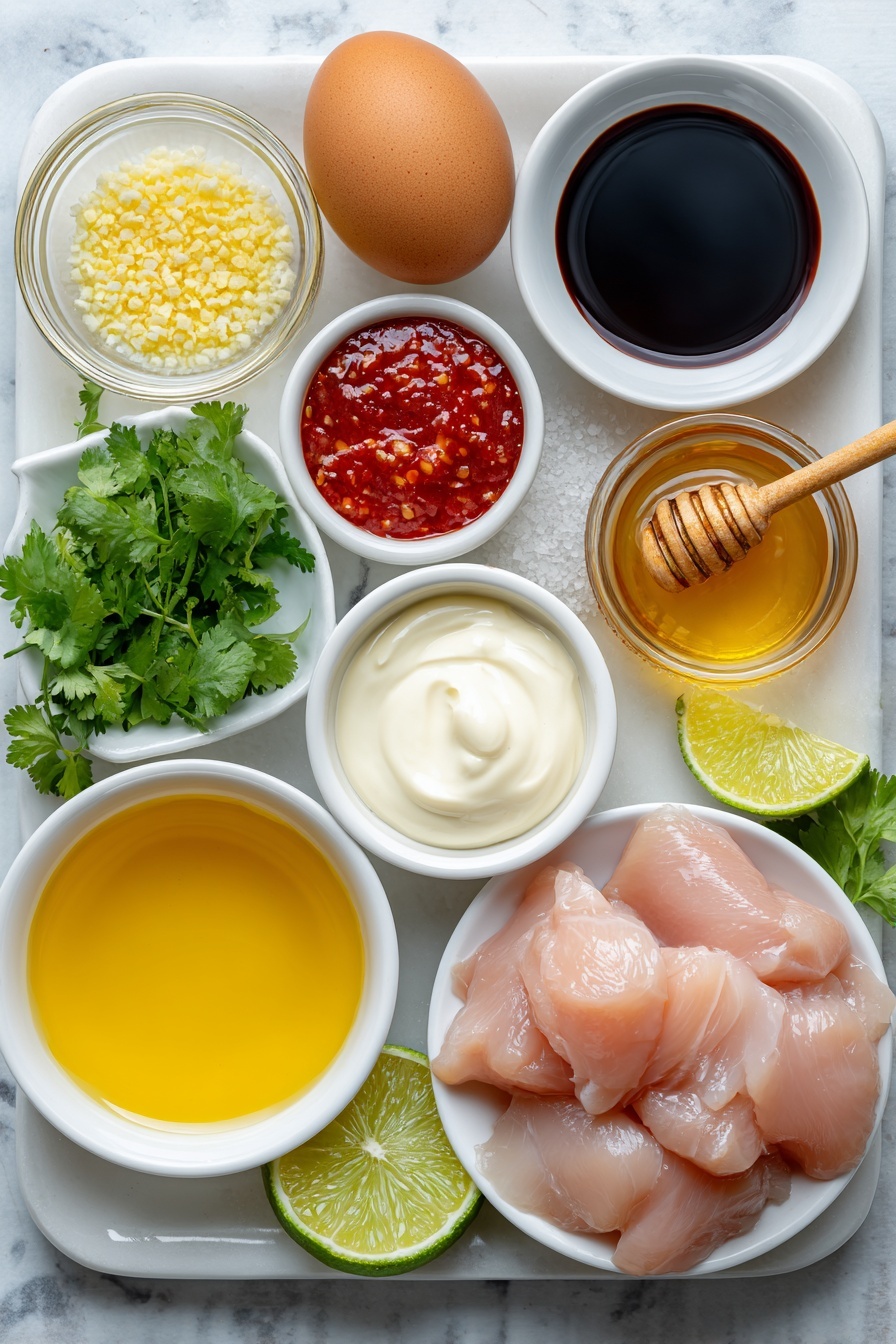 A table with various ingredients for making Bang Bang Chicken Skewers.