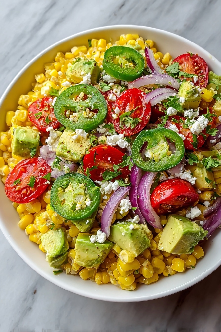 A bowl of corn salad with avocado.