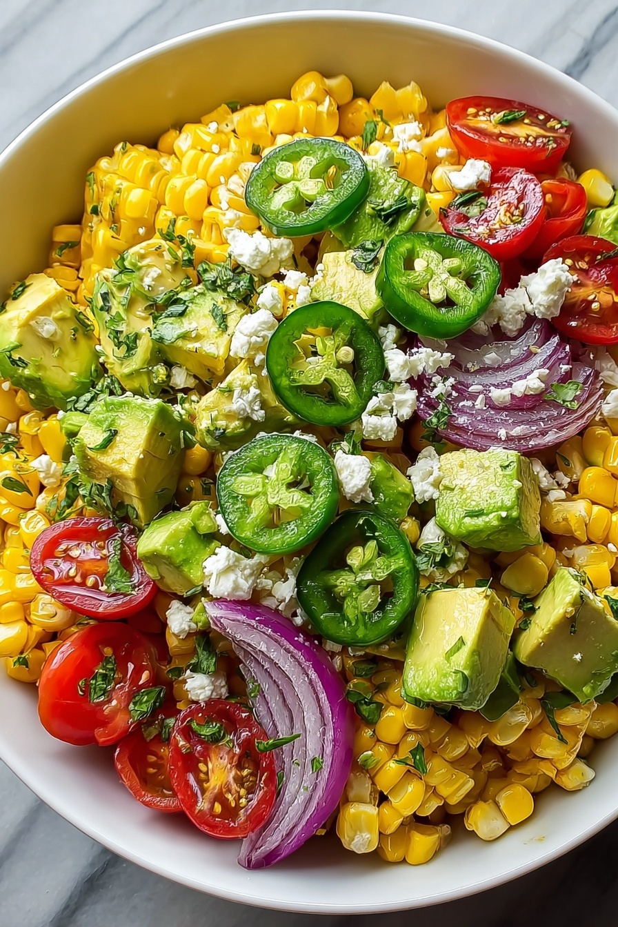 A bowl of corn salad with avocado.