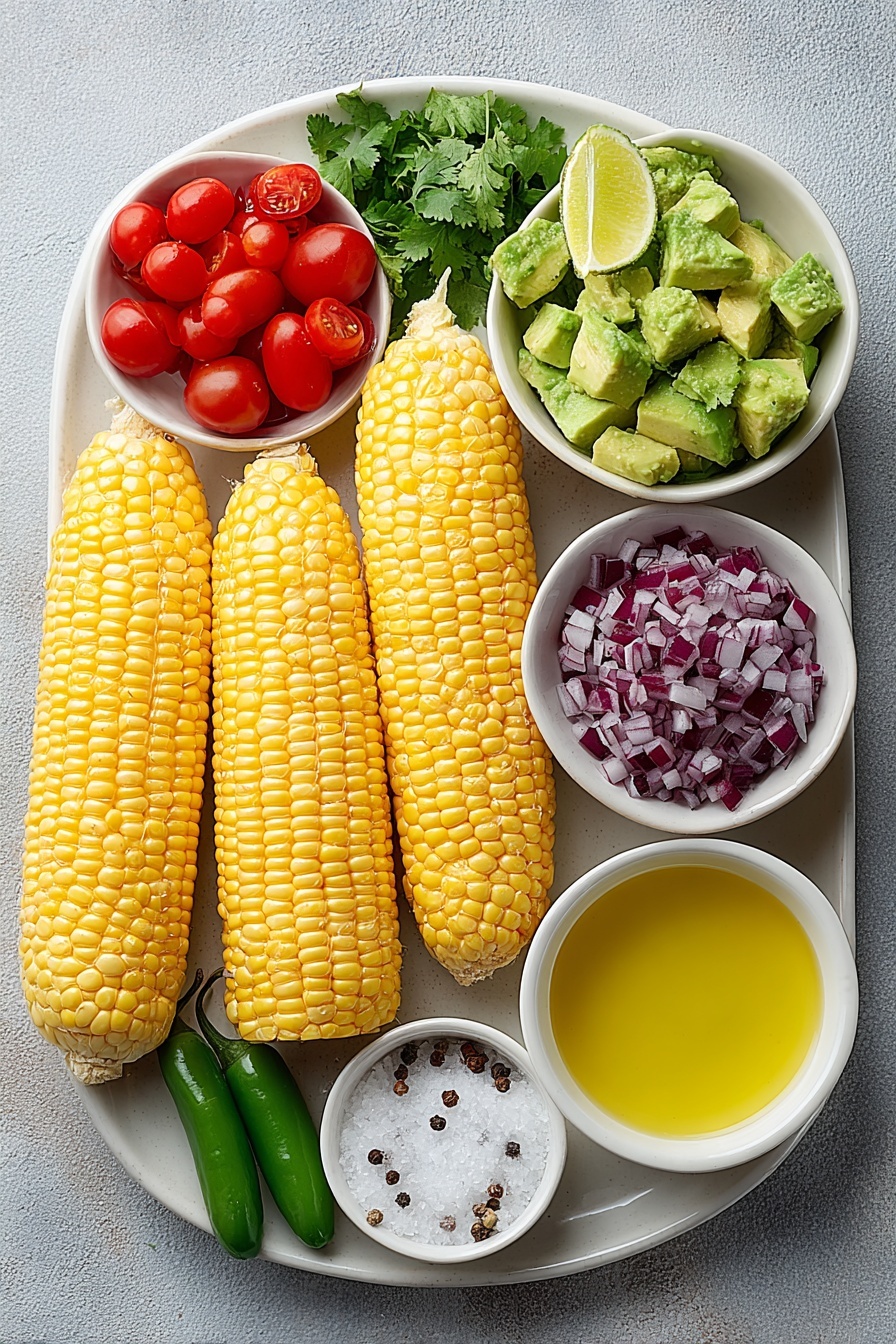 A bowl of corn salad with avocado.