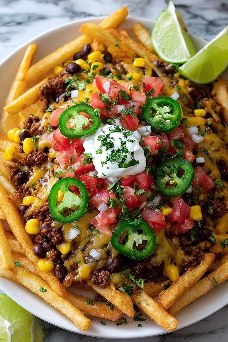A plate of loaded spicy Tex-Mex nacho fries.