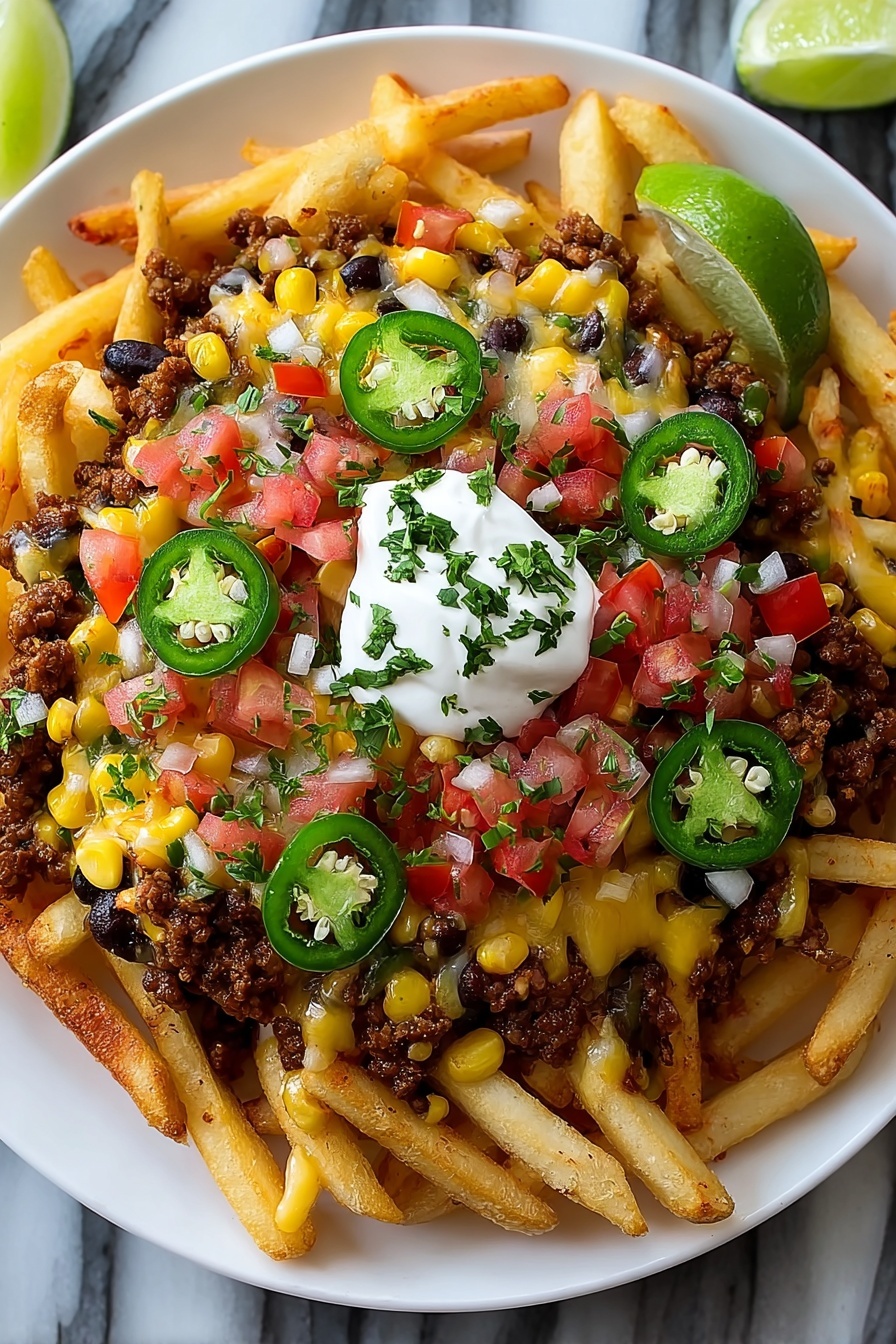 A plate of nacho fries with jalapenos and cheese.