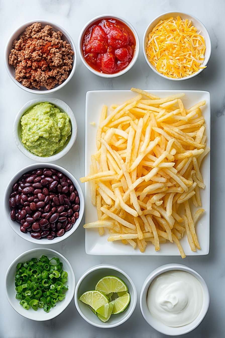 A plate of nacho fries with various toppings.