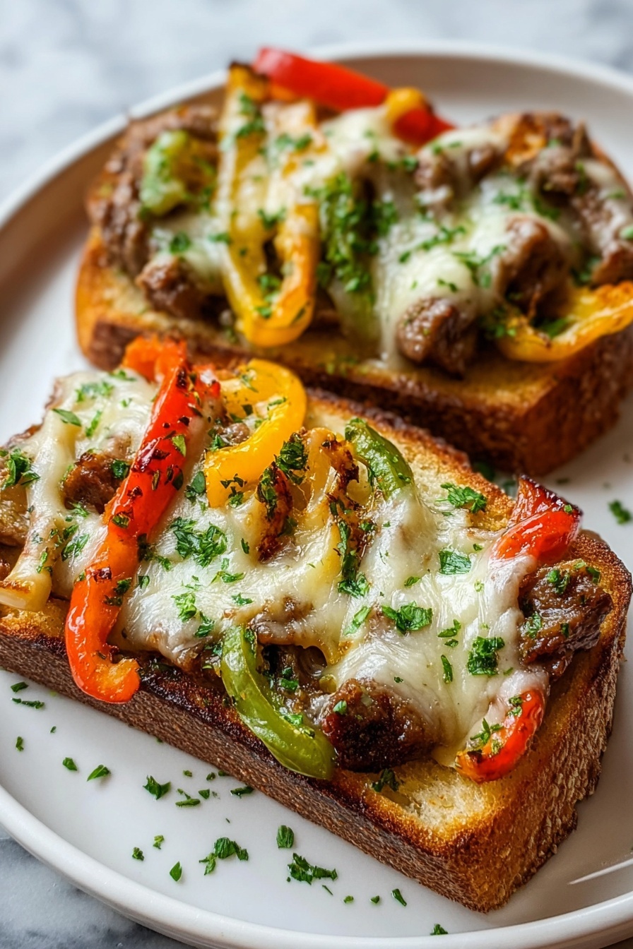 A slice of cheesesteak-stuffed garlic bread.