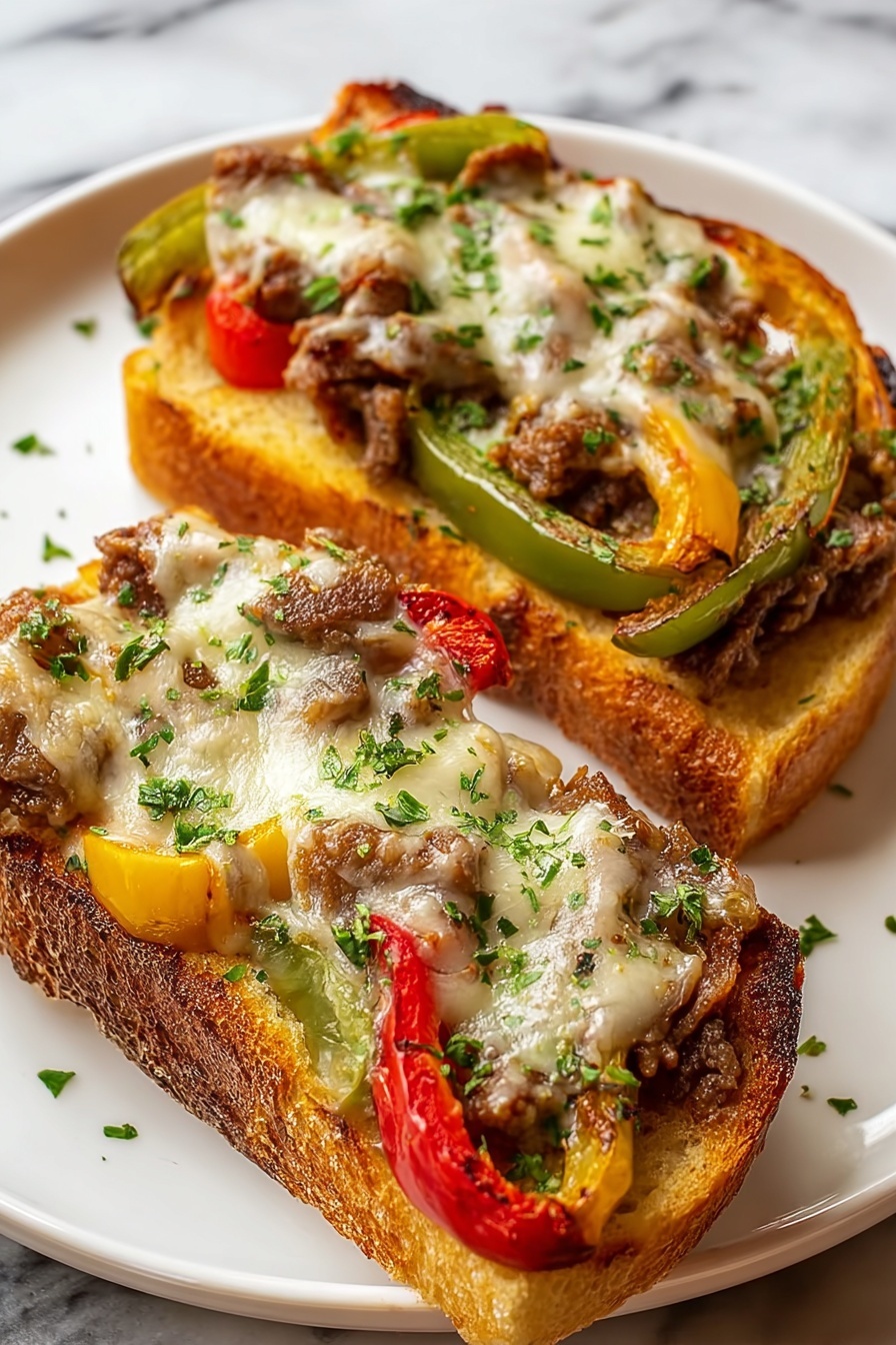 Two pieces of cheesesteak-stuffed garlic bread.